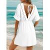 imageDokotoo Swimsuit Coverup for Women Hollow Out V Neck Short Sleeve Bathing Suit Bikini Beach Cover Ups Mini DressWhite