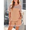 imageDokotoo Womens 2 Piece Outfits Loungewear Colorblock Short Sleeve Womens Tops Elastic Waist Shorts Ribbed Knited SetsCamel