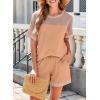 imageDokotoo Womens 2 Piece Outfits Loungewear Colorblock Short Sleeve Womens Tops Elastic Waist Shorts Ribbed Knited SetsCamel