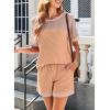 imageDokotoo Womens 2 Piece Outfits Loungewear Colorblock Short Sleeve Womens Tops Elastic Waist Shorts Ribbed Knited SetsCamel