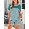 imageDokotoo Womens 2 Piece Outfits Loungewear Colorblock Short Sleeve Womens Tops Elastic Waist Shorts Ribbed Knited SetsGreen