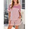 imageDokotoo Womens 2 Piece Outfits Loungewear Colorblock Short Sleeve Womens Tops Elastic Waist Shorts Ribbed Knited SetsPink