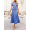 imageDokotoo Womens 2 Piece Summer Outfits Casual Crewneck Short Sleeve Ruched Knit Tops Elastic Waist ALine Midi Skirt SetSky Blue