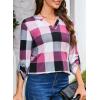 imageDokotoo Womens Basic Casual V Neck Plaid Print Cuffed Long Sleeve Work Tops Blouses Shirts S3XLPink