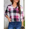 imageDokotoo Womens Basic Casual V Neck Plaid Print Cuffed Long Sleeve Work Tops Blouses Shirts S3XLPink