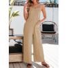 imageDokotoo Womens Casual Jumpsuits Front Pocket Loose Elasticity Straps Overalls One Piece Sleeveless Wide Leg Pant RomperLight French Beige