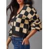 imageDokotoo Womens Checkered V Neck Button Down Long Sleeve Cable Knit Cropped Cardigan Sweaters TopsApricot