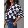 imageDokotoo Womens Checkered V Neck Button Down Long Sleeve Cable Knit Cropped Cardigan Sweaters TopsBlue