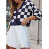 imageDokotoo Womens Checkered V Neck Button Down Long Sleeve Cable Knit Cropped Cardigan Sweaters TopsBlue
