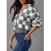 imageDokotoo Womens Checkered V Neck Button Down Long Sleeve Cable Knit Cropped Cardigan Sweaters TopsGray