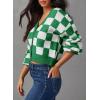 imageDokotoo Womens Checkered V Neck Button Down Long Sleeve Cable Knit Cropped Cardigan Sweaters TopsGreen