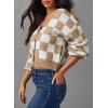 imageDokotoo Womens Checkered V Neck Button Down Long Sleeve Cable Knit Cropped Cardigan Sweaters TopsKhaki