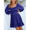 imageDokotoo Womens Dress Long Lantern Sleeve Square Neck Tie Backless Sexy Dress Ruffle Elastic Waist ALine Mini DressBlue