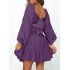 imageDokotoo Womens Dress Long Lantern Sleeve Square Neck Tie Backless Sexy Dress Ruffle Elastic Waist ALine Mini DressDark Purple