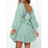imageDokotoo Womens Dress Long Lantern Sleeve Square Neck Tie Backless Sexy Dress Ruffle Elastic Waist ALine Mini DressMint Green