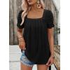 imageDokotoo Womens Hollow Pleated Short Sleeves Square Neck Casual Loose Solid Color Knit T Shirts Tops BlousesBlack