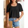 imageDokotoo Womens Hollow Pleated Short Sleeves Square Neck Casual Loose Solid Color Knit T Shirts Tops BlousesBlack
