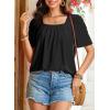 imageDokotoo Womens Hollow Pleated Short Sleeves Square Neck Casual Loose Solid Color Knit T Shirts Tops BlousesBlack