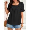 imageDokotoo Womens Hollow Pleated Short Sleeves Square Neck Casual Loose Solid Color Knit T Shirts Tops BlousesBlack