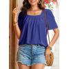 imageDokotoo Womens Hollow Pleated Short Sleeves Square Neck Casual Loose Solid Color Knit T Shirts Tops BlousesBluing