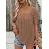 imageDokotoo Womens Hollow Pleated Short Sleeves Square Neck Casual Loose Solid Color Knit T Shirts Tops BlousesChestnut