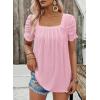 imageDokotoo Womens Hollow Pleated Short Sleeves Square Neck Casual Loose Solid Color Knit T Shirts Tops BlousesLight Pink