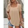 imageDokotoo Womens Hollow Pleated Short Sleeves Square Neck Casual Loose Solid Color Knit T Shirts Tops BlousesParchment