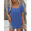 imageDokotoo Womens Hollow Pleated Short Sleeves Square Neck Casual Loose Solid Color Knit T Shirts Tops BlousesSky Blue