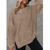 imageDokotoo Womens Oversized Waffle Knit Crewneck Sweatshirts Long Sleeve Side Slits Casual Pullover Sweatshirt TopsBrown