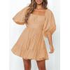 imageDokotoo Womens Summer Dresses Square Neck Tie Back Lantern Sleeve Ruffle ALine Casual Dress3 Light Khaki