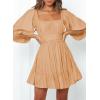 imageDokotoo Womens Summer Dresses Square Neck Tie Back Lantern Sleeve Ruffle ALine Casual Dress3 Light Khaki