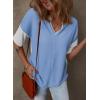 imageDokotoo Womens Summer Tops Fashion 2025 Half Sleeve Fluffy Touch Waffle Knit Shirts Casual V Neck Colorblock Patchwork BlouseBlue