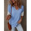imageDokotoo Womens Summer Tops Fashion 2025 Half Sleeve Fluffy Touch Waffle Knit Shirts Casual V Neck Colorblock Patchwork BlouseBlue