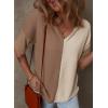 imageDokotoo Womens Summer Tops Fashion 2025 Half Sleeve Fluffy Touch Waffle Knit Shirts Casual V Neck Colorblock Patchwork BlouseBrown