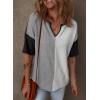 imageDokotoo Womens Summer Tops Fashion 2025 Half Sleeve Fluffy Touch Waffle Knit Shirts Casual V Neck Colorblock Patchwork BlouseGray