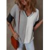 imageDokotoo Womens Summer Tops Fashion 2025 Half Sleeve Fluffy Touch Waffle Knit Shirts Casual V Neck Colorblock Patchwork BlouseGray