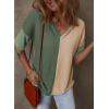 imageDokotoo Womens Summer Tops Fashion 2025 Half Sleeve Fluffy Touch Waffle Knit Shirts Casual V Neck Colorblock Patchwork BlouseGreen
