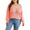 imageDokotoo Womens Sweaters 2025 Crewneck Cute Elegant Soft Long Sleeve Hollow Cable Knit Pullover TopsPink