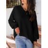 imageDokotoo Womens Waffle Knit Tops Fashion 2025 Long Lantern Sleeve Casual Blouses V Neck Oversized T ShirtsBlack
