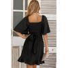 imageDokotoo Womens Wrap V Neck Short Flared Sleeve Wedding Guest Dress Smocked Elastic Waist Tiered Belted Ruffle Hem Mini DressBlack