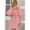 imageDokotoo Womens Wrap V Neck Short Flared Sleeve Wedding Guest Dress Smocked Elastic Waist Tiered Belted Ruffle Hem Mini DressLight Pink