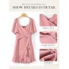 imageDokotoo Womens Wrap V Neck Short Flared Sleeve Wedding Guest Dress Smocked Elastic Waist Tiered Belted Ruffle Hem Mini DressLight Pink