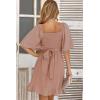 imageDokotoo Womens Wrap V Neck Short Flared Sleeve Wedding Guest Dress Smocked Elastic Waist Tiered Belted Ruffle Hem Mini DressPink