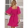 imageDokotoo Womens Wrap V Neck Short Flared Sleeve Wedding Guest Dress Smocked Elastic Waist Tiered Belted Ruffle Hem Mini DressRose Red