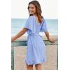 imageDokotoo Womens Wrap V Neck Short Flared Sleeve Wedding Guest Dress Smocked Elastic Waist Tiered Belted Ruffle Hem Mini DressSky Blue