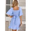 imageDokotoo Womens Wrap V Neck Short Flared Sleeve Wedding Guest Dress Smocked Elastic Waist Tiered Belted Ruffle Hem Mini DressSky Blue