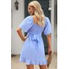 imageDokotoo Womens Wrap V Neck Short Flared Sleeve Wedding Guest Dress Smocked Elastic Waist Tiered Belted Ruffle Hem Mini DressSky Blue