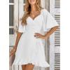imageDokotoo Womens Wrap V Neck Short Flared Sleeve Wedding Guest Dress Smocked Elastic Waist Tiered Belted Ruffle Hem Mini DressWhite