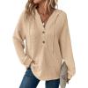 imageDokotoo Hoodies for Women Waffle Knit Long Sleeve Drawstring Button V Neck Casual Pullover Sweatshirt Hooded TopsApricot