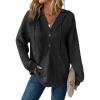 imageDokotoo Hoodies for Women Waffle Knit Long Sleeve Drawstring Button V Neck Casual Pullover Sweatshirt Hooded TopsBlack